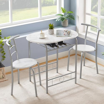 VECELO 3-Piece White & Silver Dining Table Set with Built-in Wine Rack for Small Spaces - WoodArtSupply