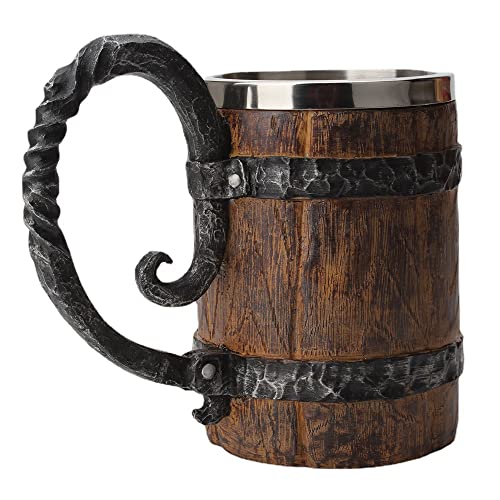 550ML Viking Beer Mug, Stainless, Whiskey Barrel Cup ,Viking wood style Beer mug ,Wooden Gift Antique Men's Barrel Capacity - WoodArtSupply