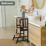 COSYLAND Toddler Standing Tower - Adjustable Height Toddler Kitchen Stool Helper - Kids Kitchen Step Stool for Learning with Removable Safety Railing Black&Natural COSYLAND