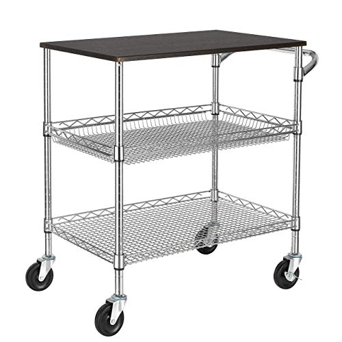 Finnhomy 3 Tier Heavy Duty Commercial Grade Utility Cart with Wood Top, Wire Rolling Cart with Handle Bar, Steel Service Cart with Wheels, Utility Shelf Food Storage Trolley, NSF Listed