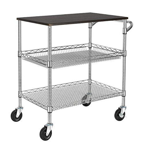 Finnhomy 3 Tier Heavy Duty Commercial Grade Utility Cart with Wood Top, Wire Rolling Cart with Handle Bar, Steel Service Cart with Wheels, Utility Shelf Food Storage Trolley, NSF Listed Finnhomy