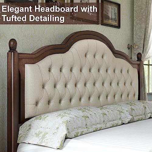 AMERLIFE King Size Solid Wood Bed Frame, Transitional Platform Bed with 52.5" Upholstered Tufted Headboard, Rubberwood/Roman Column Accents/Wood Slat Support/No Box Spring Needed AMERLIFE