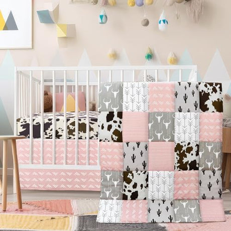 Hahafelt 3 Piece Patchwork Western Crib Bedding Set for Boys Girls Cow Cactus Print Baby Bedding Barnyard Western Nursery Decor Soft Baby Bed Set Includes Quilt Fitted Crib Sheet Bed Skirt (Cowgirls) Hahafelt