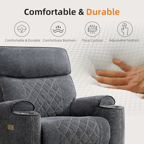 EBELLO Power Recliner Chair, Electric Fabric Reclining Sofa with Cup Holders, USB Type-C Charging Ports, for Small Living Room, Bedroom and Meeting Room, Grey EBELLO