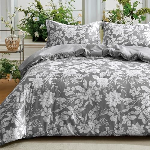 Joiedomi Queen Comforter Set Grey, 3 Pieces Floral Queen Bedding Set with 1 Soft Reversible Botanical Flower Comforter and 2 Pillow Shams, Bed in a Bag for All Seasons Joiedomi