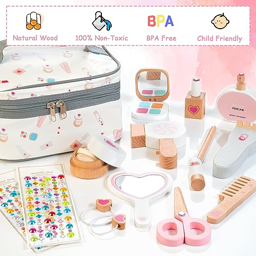 Amtreen Kids Makeup Kit for Girl, Pretend Play for Toddlers 3-5 Wooden Makeup Toy Set, 18 PCS Hair Salon Toys Gifts for 3 4 5 Year Old Amtreen