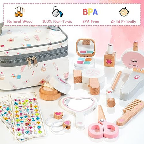 Amtreen Kids Makeup Kit for Girl, Pretend Play for Toddlers 3-5 Wooden Makeup Toy Set, 18 PCS Hair Salon Toys Gifts for 3 4 5 Year Old Amtreen