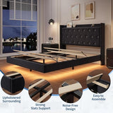 IDEALHOUSE Queen Size Bed Frame with LED Lights, Floating Platform Bed with Velvet Upholstered Storage Headboard, No Box Spring Needed, Noise Free, Easy Assembly IDEALHOUSE
