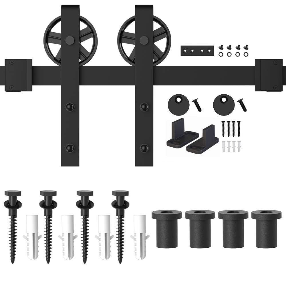 WINSOON 5-16FT Single Wood Sliding Barn Door Hardware Kit 5FT Basic Black Big Spoke Wheel Roller Garage Closet Carbon Steel Flat Track System (5FT) WINSOON