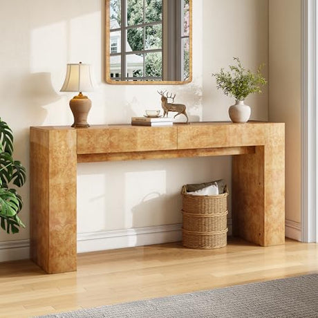 AMERLIFE 63" Burl Wood Console Table, Modern High Gloss Entryway Table with 2 Storage Drawers, Long Sofa Table Behind the Couch for Entrance, Hallway, Foyer, Living Room, Natural AMERLIFE