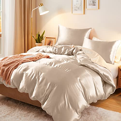 Vonty 3-Piece Silky Satin Duvet Cover Set Full/Queen Size Duvet Cover, Organic Natural 400TC Beige Duvet Cover Set - Luxury & Sexy Bedding Duvet Covers with Zipper Closure(No Comforter) Vonty