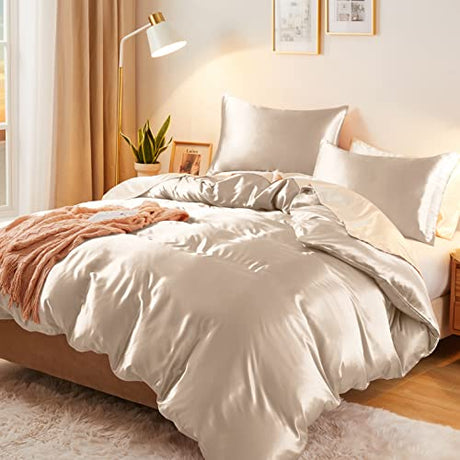 Vonty 3-Piece Silky Satin Duvet Cover Set Full/Queen Size Duvet Cover, Organic Natural 400TC Beige Duvet Cover Set - Luxury & Sexy Bedding Duvet Covers with Zipper Closure(No Comforter) Vonty