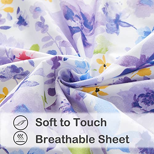 Mooreeke Floral Full Sheets, Soft Breathable Microfiber Vintage Printed Bed Sheet Set, Deep Pocket Non-Slip Fitted Sheet Included, Purple Flower Pattern Mooreeke