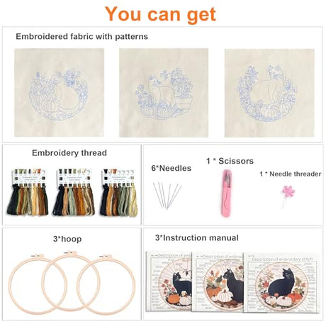 Myfelicity Embroidery kit,Fall Black Cat Embroidery Kit, Set of 3 Hoops, Autumn Pumpkin and Floral Design Myfelicity