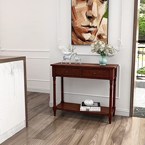 Entry Console Table with 2 Storage Drawers and Open Shelf, Traditional Console Table with Solid Wood leg, Foyer Tables for Entryway, Hallway, Blank Wall, 35.4”L x 13.8”W x 30.1”H, Cherry BrownSFZ004CR VERDANTREE