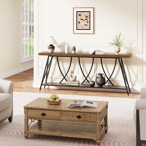 JUSTOGO 70.9" Narrow Console Table for Entryway, Industrial Long Sofa Table Behind Couch, Farmhouse Hallway Table with Storage for Living Room, Entrance, Foyer, Rustic Brown JUSTOGO