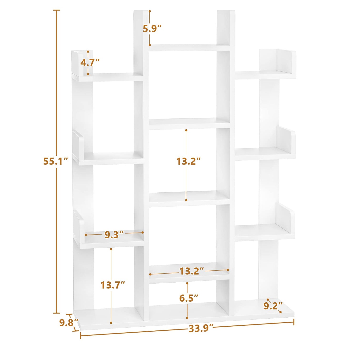 Aheaplus Bookshelf, Tree-Shaped Bookcase Storage Shelf with 13 compartments, Books Organizer Display Cube Shelves, Industrial Free Floor Standing Wood Open Bookshelves for Home, White