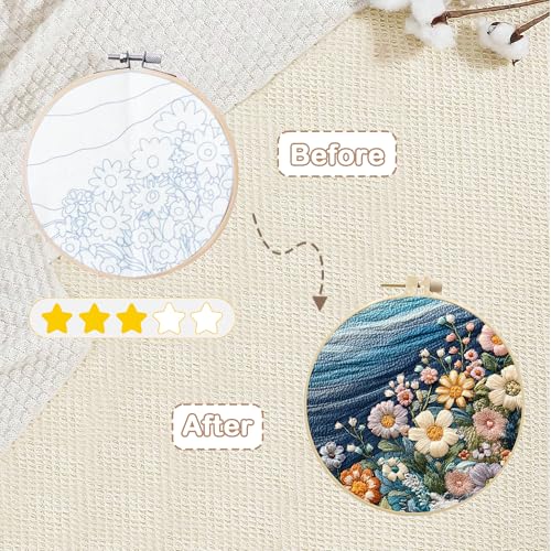 HINITOYOU Embroidery Kit, Seaside Flower Cross Stitch Kits Embroidery Starter Kit Needlepoint Kits for Adults with Stamped Pattern, Bamboo Hoops, Scissors, Needles Instructions