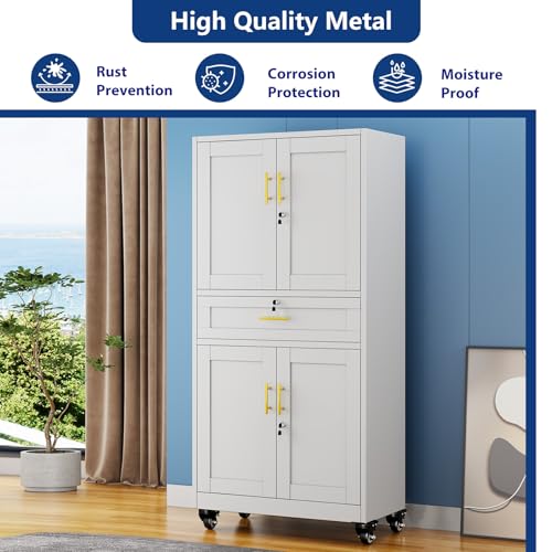 Ckzbx Metal Garage Storage Cabinets with Locking Doors and Adjustable Shelves, Tool Cabinets on Wheels, 75" H Heavy Duty Storage Organizers with Drawer for Garage Warehouse (White) Ckzbx