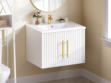 DWVO 24" Small Bathroom Vanity with Sink Combo Set, Wall Mounted Cabinet with Ceramic Sink, Modern Floating Bathroom Cabinet, Double Soft-Close Doors, White DWVO