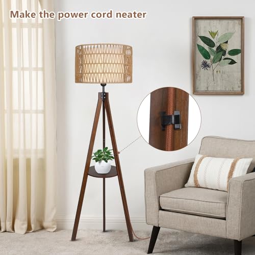 LAMSU Boho Tripod Floor Lamp with Shelves, Mid Century Wood Standing Lamp with Rattan & Fabric Shades, ON/Off Foot Switch, Modern Farmhouse Tall Floor Lamps for Living Room Bedroom Office - WoodArtSupply