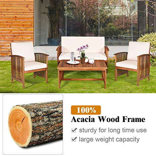 Tangkula Outdoor 4 Pcs Acacia Wood Sofa Set w/Water Resistant Cushions, Padded Patio Seating Chat Set w/Coffee Table for Garden, Backyard, Poolside (1, White) - WoodArtSupply