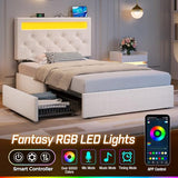 Rolanstar Twin Bed Frame with 4 Storage Drawers and Charging Station,Twin Bed with Led Lights, 2 USB & 1 Type C, Adjustable Headboard 38.9/40.8 Inches, No Box Spring Needed, White Rolanstar