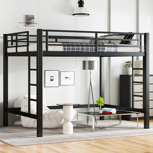 Full Size Metal Loft Bed with Safety Guardrails & Dual-Side Ladders for Kids Teens Adults,Heavy Duty Metal Loft Bed Frame with Sturdy Steel Slats & Large Under-Bed Space for Student Bedroom Dorm,Black FUvellamo