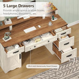 YOMILUVE Farmhouse Executive Desk with Drawers & Storage Shelves, 55" Computer Desk with Power Outlets, Home Office Desk with Monitor Stand & File Drawers, Writing Study Table, Antique White YOMILUVE
