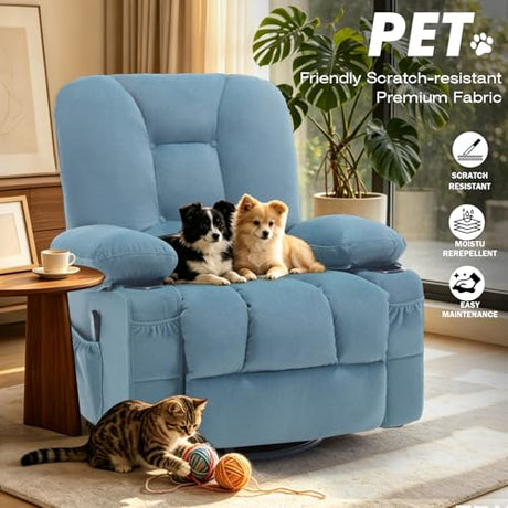 REFICCER Rocker Recliner Chair with Massage and Heat, Fabric Overstuffed Swivel Recliners Glider with Cup Holder Side Pocket, Rocking Reclining Sofa Chair for Adults Living Room, Blue REFICCER