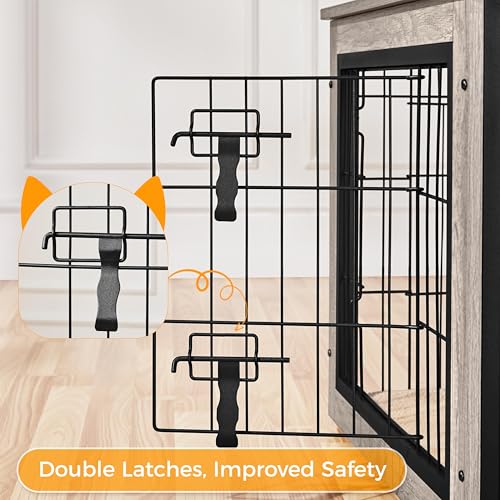 Yaheetech 27.5'' Dog Crate Furniture with Cushion Wooden Dog Crate with Double Doors/Adjustable Feet Side End Table for Small/Medium Dogs, Greige Yaheetech