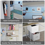 Kikihouse Full Size Loft Bed with Desk, Stairs & LED Light, Metal Gaming Loft Bed Frame with Headboard, Safety Guardrails, Charging Station, Closet and 12 Fabric Drawers, Space Saving, White and Oak Kikihouse