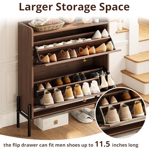 IRONCK Shoe Cabinet Storage with 2 Flip Drawers, Free Standing Wooden Shoe Storage Organizer Cabinet with Rattan Doors for Entryway, Narrow Shoe Rack Cabinet, Walnut IRONCK