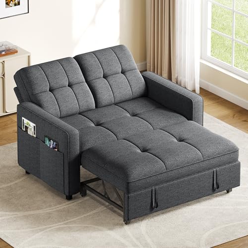 YITAHOME 55" Convertible Sofa Bed, 3-in-1 Pullout Sofa, Linen Sleeper Sofa with Reclining Backrest and Side Pocket, Modern Futon Couch for Living Room Bedroom Apartment, Grey YITAHOME