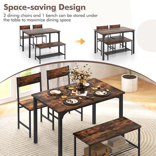 GOFLAME 4-Piece Dining Table Set for 4, Industrial Kitchen Table with 2 Chairs & Bench, Space-Saving Breakfast Table Set with Storage Shelf & Metal Frame, Wooden Dinette for Dining Room, Rustic Brown GOFLAME