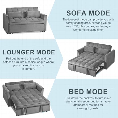 3 in 1 Convertible Sleeper Sofa Bed,Modern Velvet Loveseat Futon Couch Pullout Couches Bed,Small Love Seat Lounge Sofa w/Reclining Backrest, Toss Pillows, Furniture for Living Room (Dark Gray) YHUBHSIS