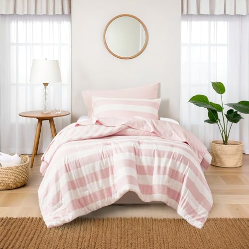 Reversible Striped Twin Comforter Set-Bed in A Bag 5-Pieces Bedding Set with Double-sided Stripes Design-Warm & Cozy Bed Set Includes Twin Size Comforter, Sheets Set, Pillowcase and Sham, Blush Regency Heights