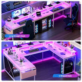 U/L Shaped Desk, Reversible Computer Gaming Desk with Power Outlet & LED Light, Large Corner Table with Monitor Stand & Storage Shelf, Idead for Home, Office, Gaming, Pink OUTGOODS