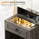 Gurexl 3 in 1 Small Vanity Desk with Lights and Mirror,Tall Lighted Compact Vanity with Charging Station,Makeup Vanity Set with Jewelry Armoire,Glass Top,Wheeled Stool with Storage,3 Drawers Gurexl