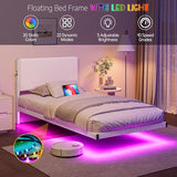 Twin Floating Bed Frame with Headboard,Twin Size Floating Bed Frame with LED Lights & USB Charging Station,Metal Platform Bed with Strong Slats Support,No Box Spring Needed,Easy Assembly,White JUISSANO