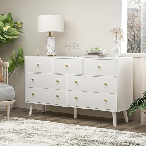 SINROM 55” White Dresser, 7 Drawer Dresser for Bedroom with Wide Drawers and Gold Knobs, Wood Dressers & Chests of Drawers SINROM