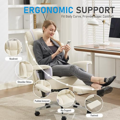 OwgeinSet Big and Tall Office Chair, Ergonomic Leather Reclining Chair with Footrest, High-Back Comfy Executive Computer Desk Chairs with Lumbar Support, Wide Seat, 400LBS (Beige) OwgeinSet