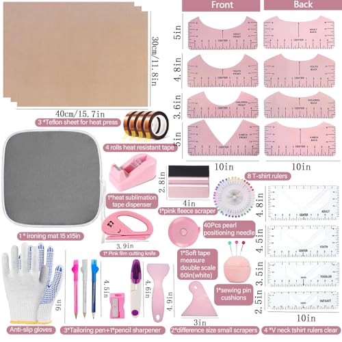 QUKLOGEN Sublimation Shirts Tool Kits Shirt Measure Ruler Set Include 12 T Shirt Guide Ruler,Portable Pad for Ironing,Teflon Sheet for Heat Press,Heat Resistant Tape Craft Sewing Accessories QUKLOGEN
