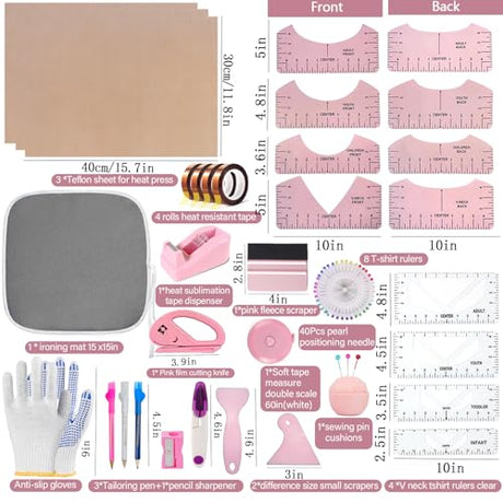 QUKLOGEN Sublimation Shirts Tool Kits Shirt Measure Ruler Set Include 12 T Shirt Guide Ruler,Portable Pad for Ironing,Teflon Sheet for Heat Press,Heat Resistant Tape Craft Sewing Accessories QUKLOGEN