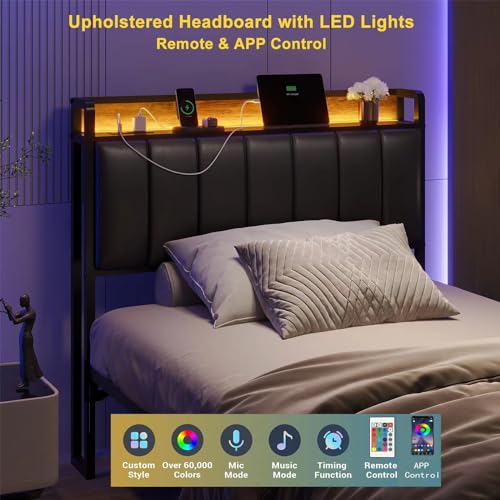 Muluflower Twin Size Upholstered Headboard with LED Lights & Charging Station, PU Upholstery, Twin Headboard Only, Height Adjustable, Attach Frame, Sturdy and Stable, Easy Assembly Muluflower