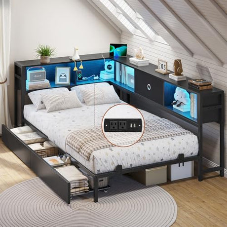 DICTAC Twin Corner Bed Frame with Bookcase Storage and Led Lights Twin Size Metal Platform Bed Frames with Storage Drawers and Charging Station Twin Size Daybed for Kids and Teen,Kids Bed Frame,Black DICTAC