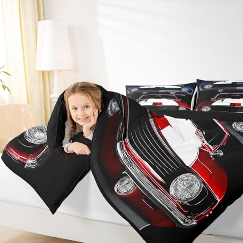 Classic Race Car Comforter Set - Retro Vehicles Theme Bedding with 1 Comforter and 1 Pillow Case - Twin Size Erosebridal