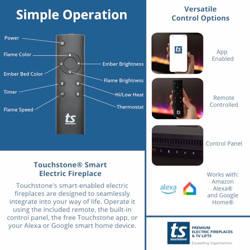 Touchstone Sideline Elite Smart Electric Fireplace - Alexa/WiFi Enabled- 42" Wide - in Wall Recessed - 60 Color Combinations - 1,500W Heater - Black - Log, Crystals, and Driftwood Touchstone