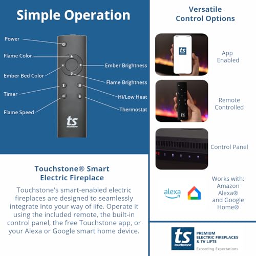 Touchstone Smart Electric Fireplace-The Sideline 50 Inch Wide-in Wall Recessed-30 Realistic Ember Color/Flame Options-1500W Heater w/Thermostat-Black- Log & Crystal Hearth Options -Alexa/WiFi Enabled