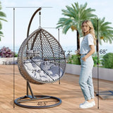 Egg Swing Chair Outdoor with Stand, Hanging Egg Rattan Basket Chair with Cushion and Pillow, Lounge Chairs for Backyard Sunroom Patio Balcony Bedroom (Grey)